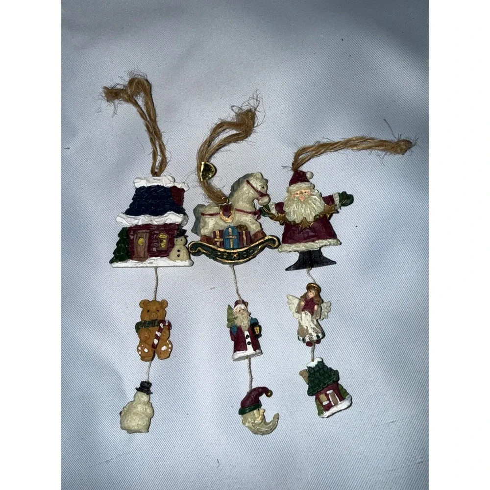 Vintage Christmas Ornaments Set of 3 Resin Santa Rocking Horse Cottage Dangle
